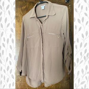 NEW Sheer tan blouse with zipper accents